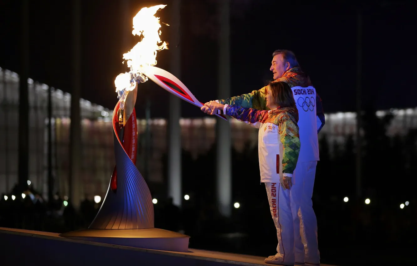 Photo wallpaper torch, Sochi, Vladislav Tretiak, Irina Rodnina, 2014 Olympics, the Olympic flame