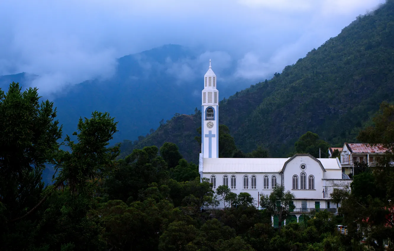Photo wallpaper clouds, mountains, Church, Our Lady of the Snows, Cilaos