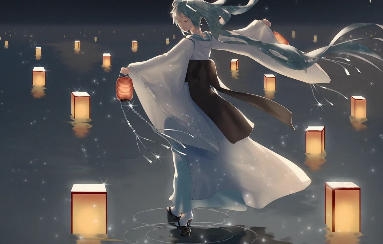 Photo wallpaper girl, night, lake, Hatsune Miku, lanterns, Vocaloid, Vocaloid, Hatsune Miku