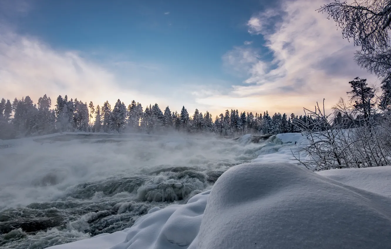 Photo wallpaper winter, snow, river, stream, morning