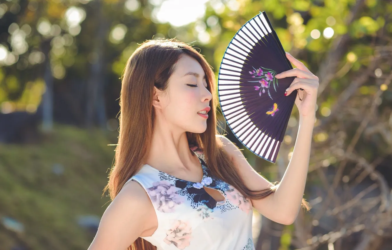 Photo wallpaper fan, Asian, cutie, bokeh, Nega, asian, closed eyes, cutie