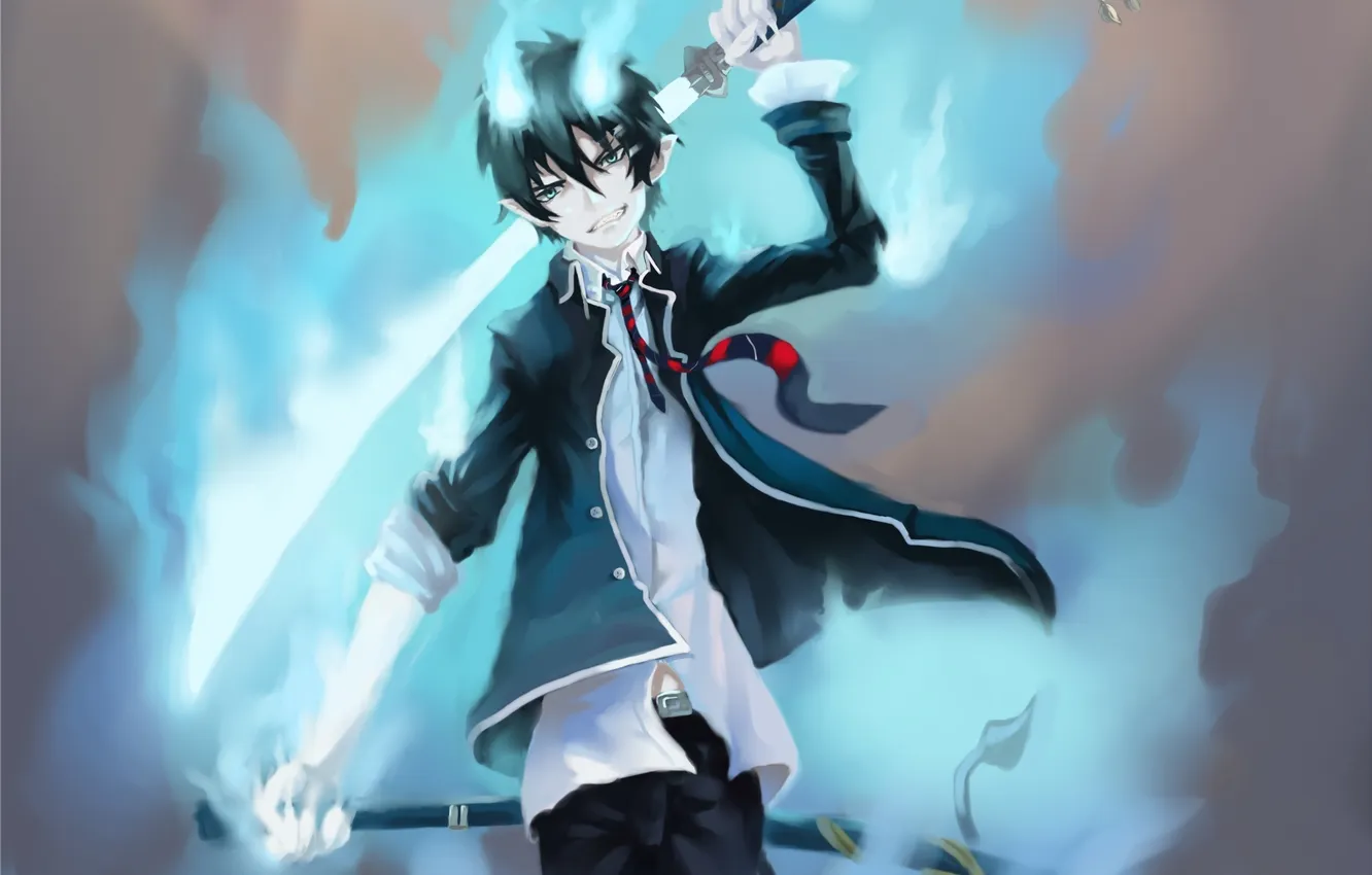 Photo wallpaper lights, weapons, flame, katana, anime, art, guy, Ao no Exorcist