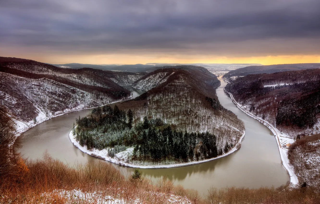 Photo wallpaper cold, winter, autumn, clouds, snow, river, Germany, frost