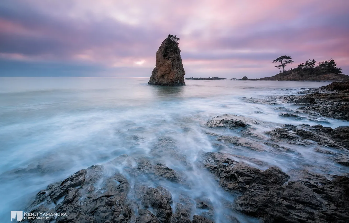 Photo wallpaper sea, sunset, clouds, rock, coast, Japan, photographer, Kenji Yamamura