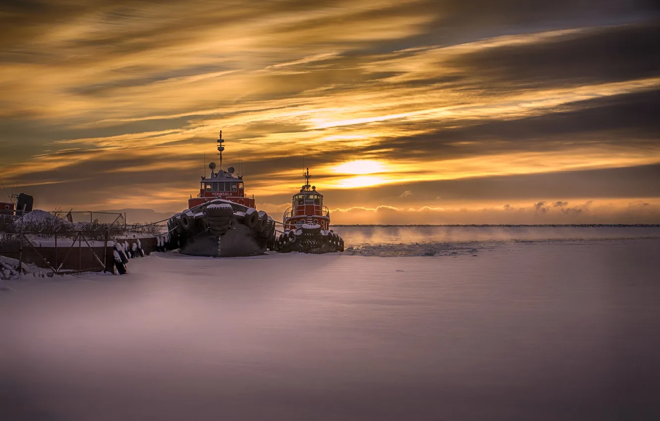 Photo wallpaper sunset, ice, ships