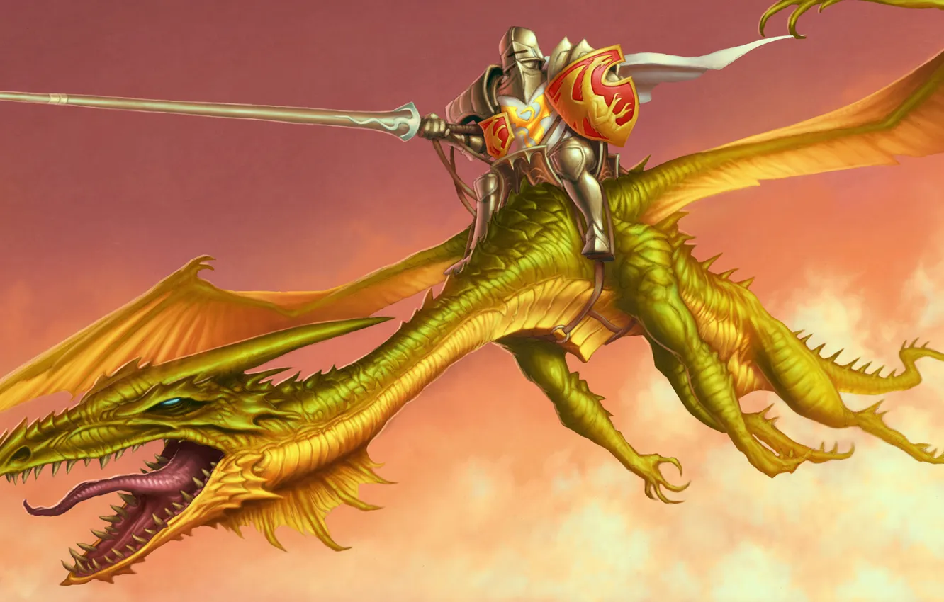 Photo wallpaper language, dragon, wings, spear, knight