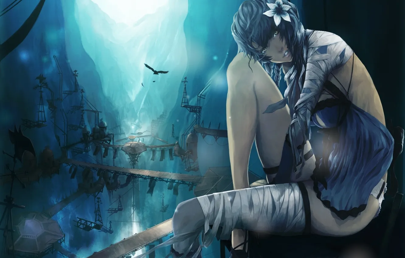 Photo wallpaper girl, mountains, bridge, bird, home, structure, nier, bandages