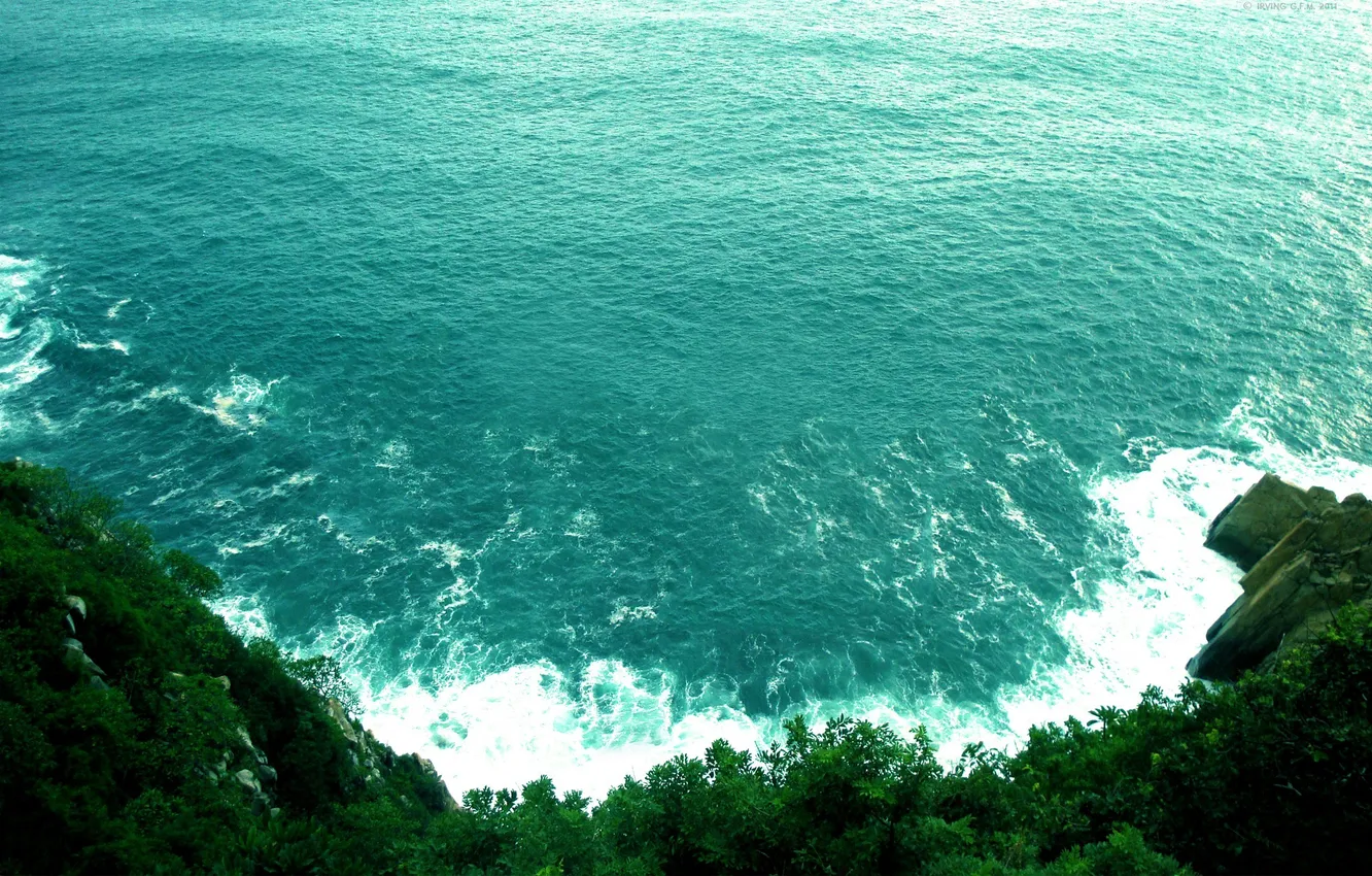 Photo wallpaper sea, wave, water, trees, stones, rocks, shore, view