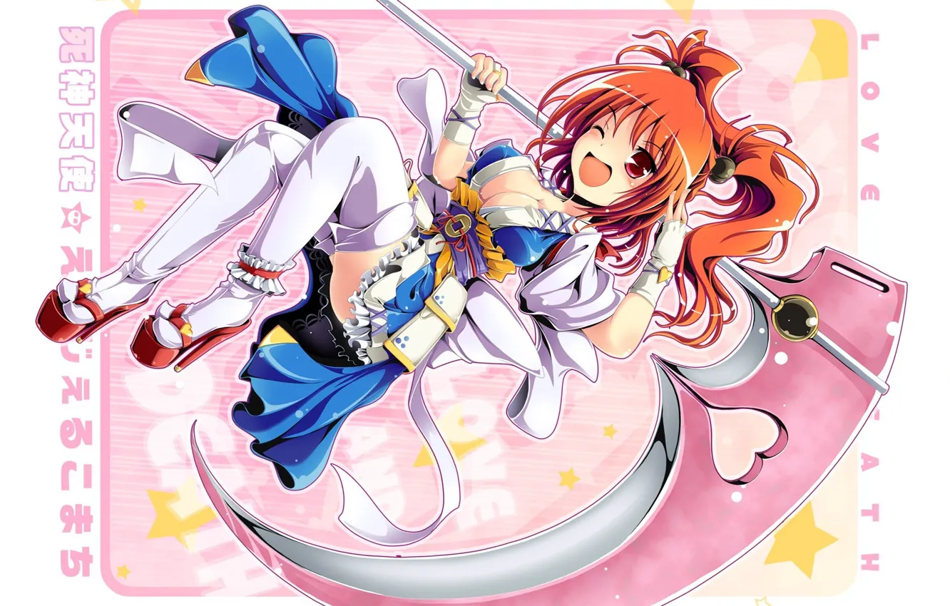 Photo wallpaper characters, braid, red, wink, mitts, white stockings, Touhou Project, Project East