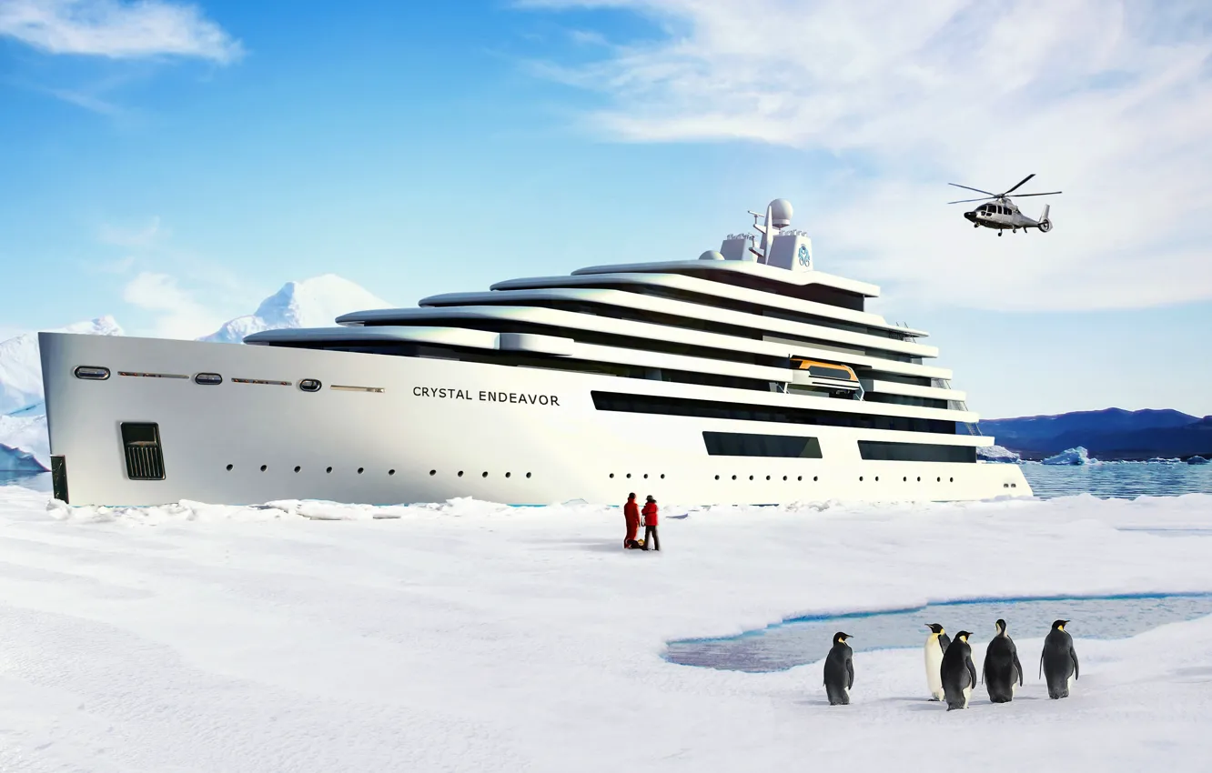 Photo wallpaper The ocean, Sea, Yacht, Liner, Helicopter, Penguins, The ship, Rendering