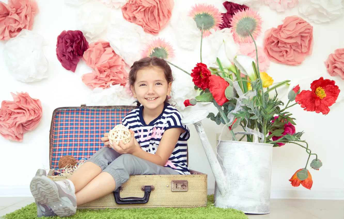 Photo wallpaper flowers, children, mood, girl, lake, suitcase, child