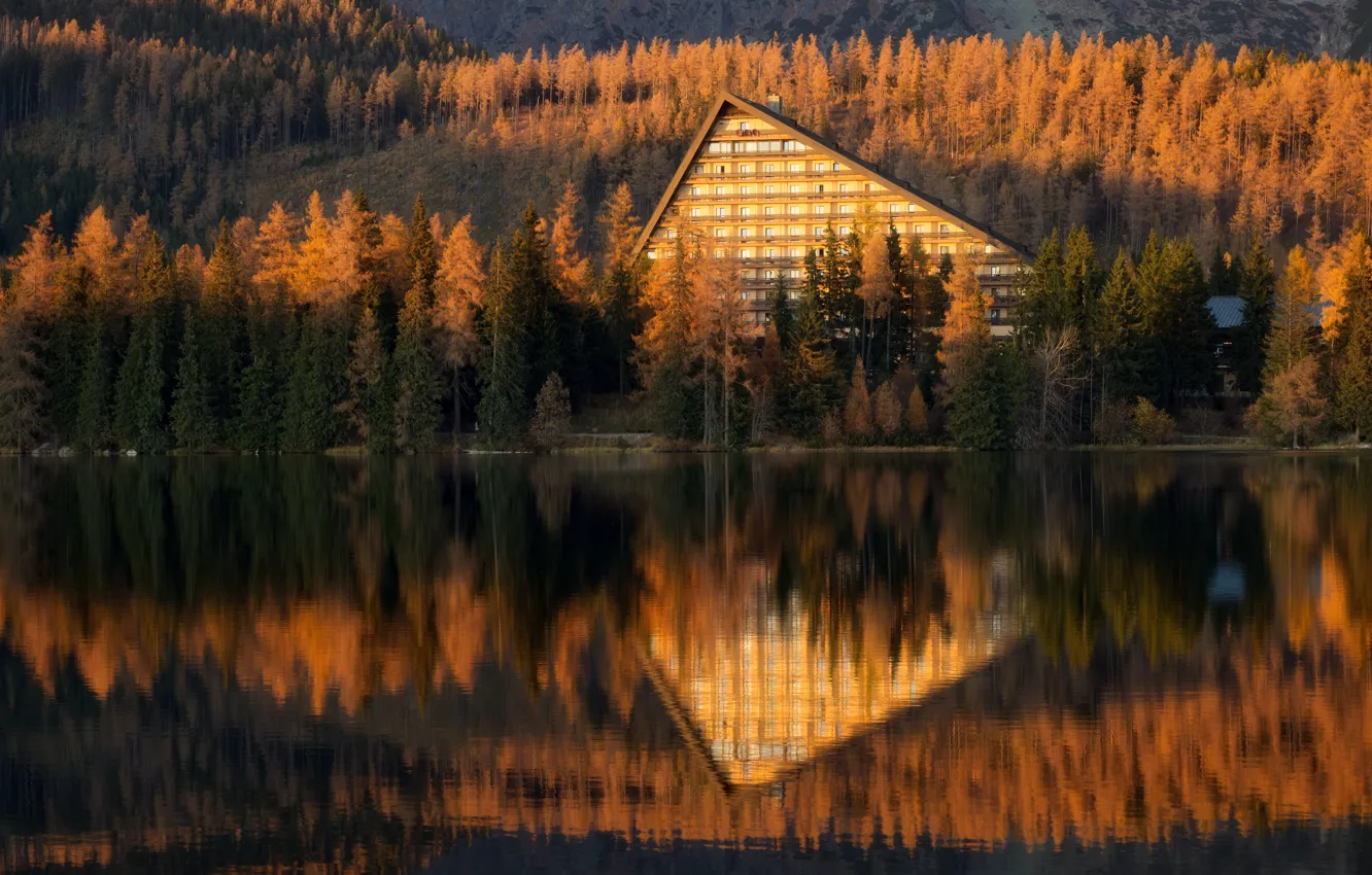 Photo wallpaper autumn, forest, light, lake, house, reflection, the building, Windows