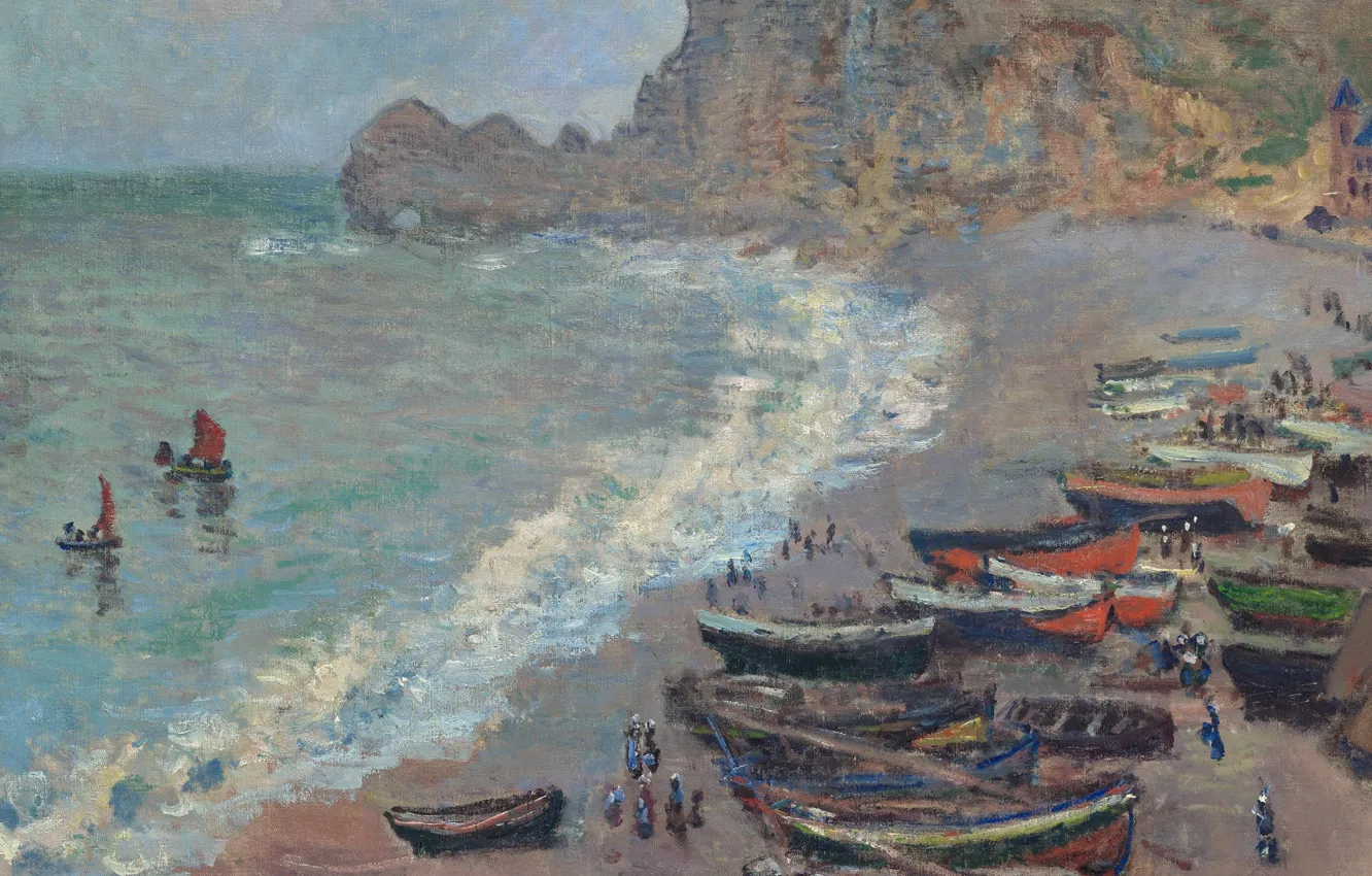 Photo wallpaper landscape, shore, picture, boats, Claude Monet, The beach in Etretat