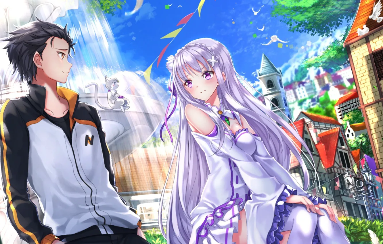 Photo wallpaper cat, girl, anime, art, guy, Re: Zero kara hajime chip isek or Seikatsu