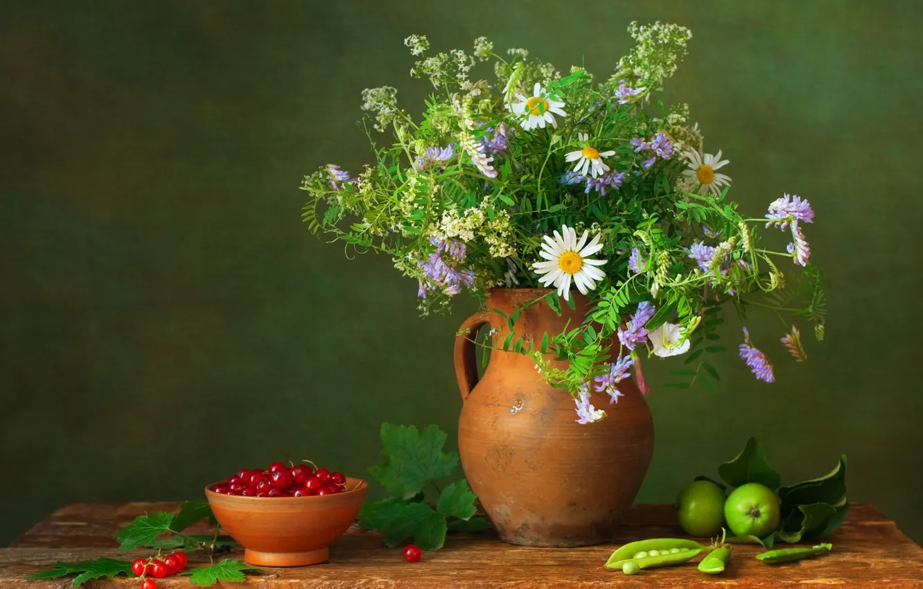 Photo wallpaper flowers, berries, table, apples, bouquet, peas, pitcher, still life