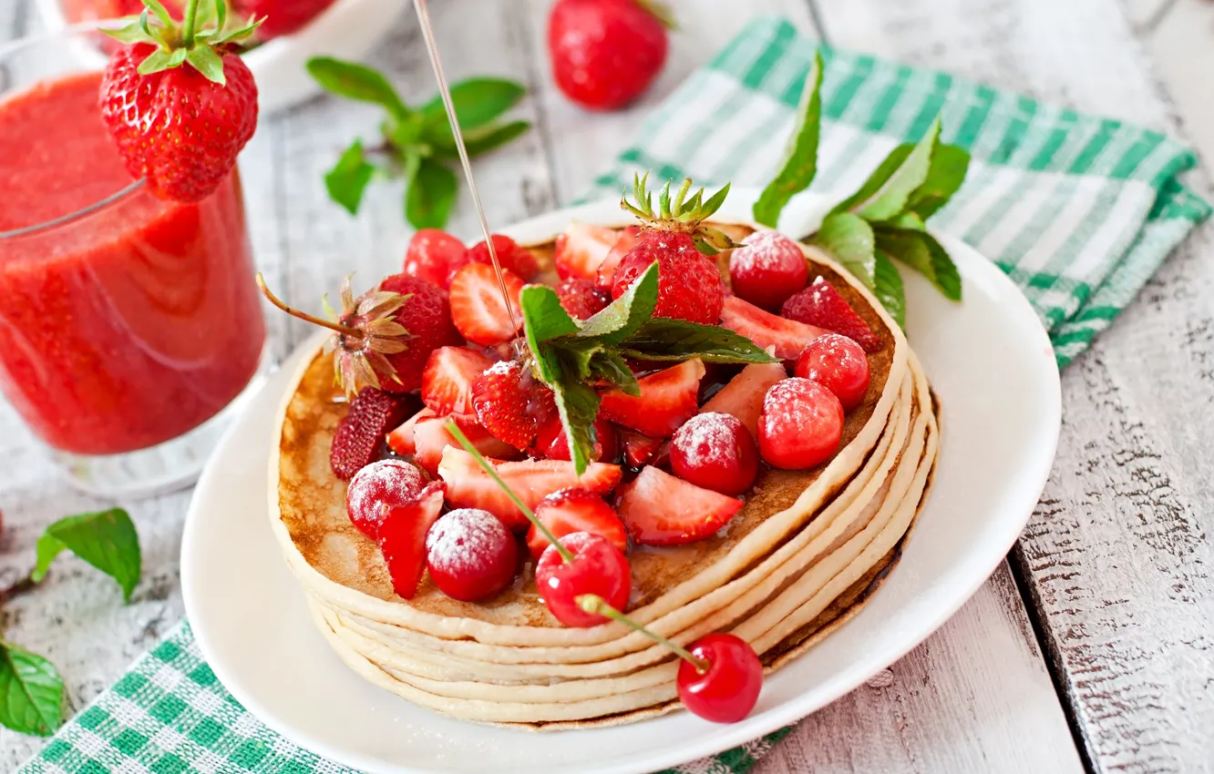 Photo wallpaper cherry, berries, strawberry, smoothies, pancake