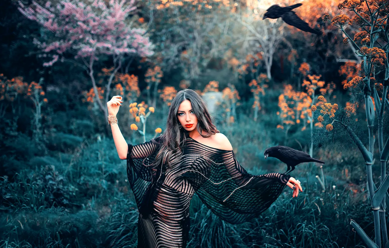 Photo wallpaper girl, birds, nature, makeup, Queen of the Forest