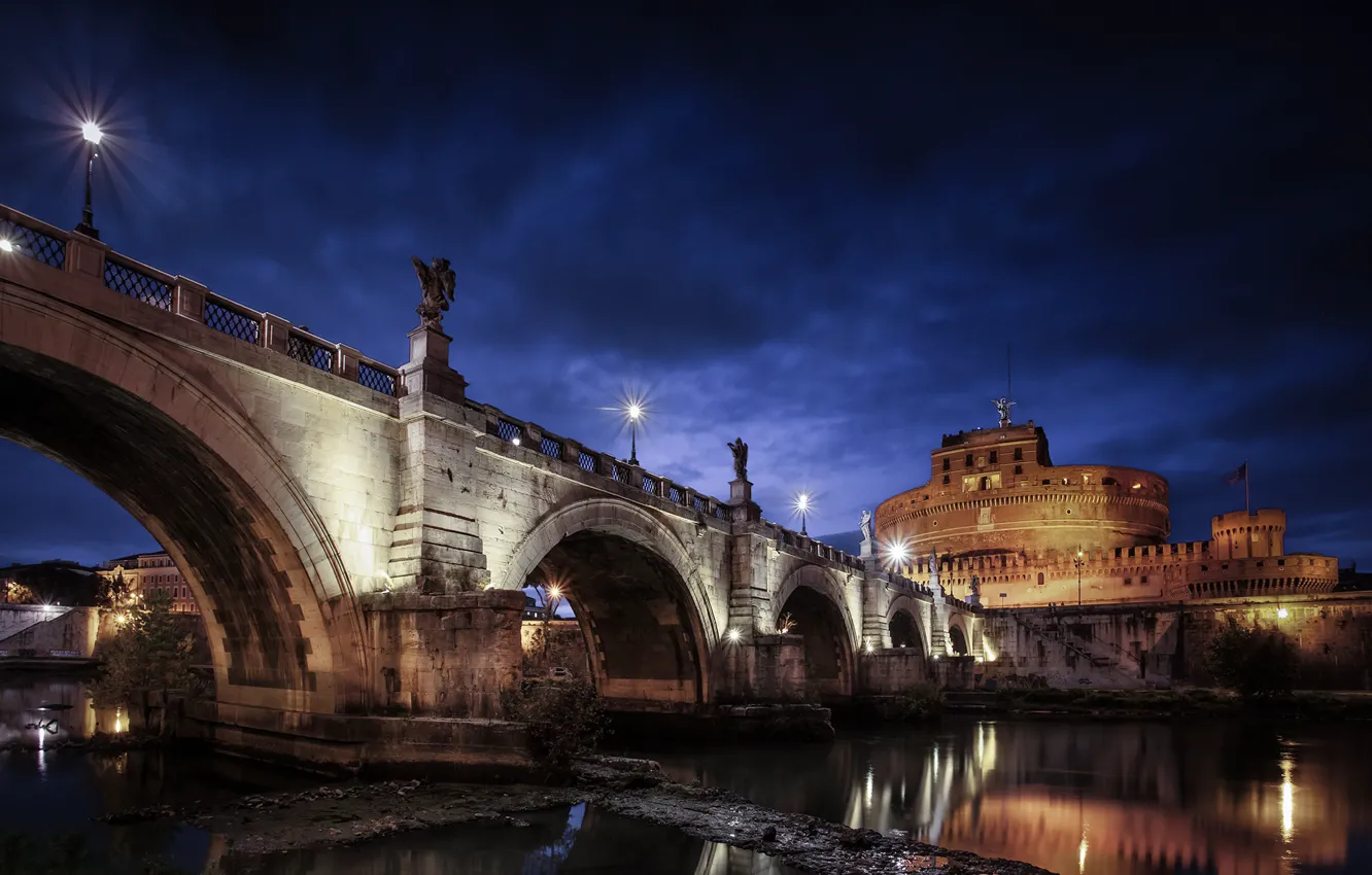 Photo wallpaper night, clouds, bridge, the city, river, stones, lighting, Rome