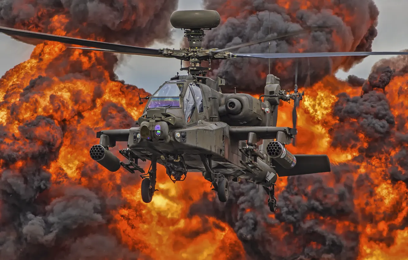 Photo wallpaper fire, helicopter, blades, Apache, AH-64D