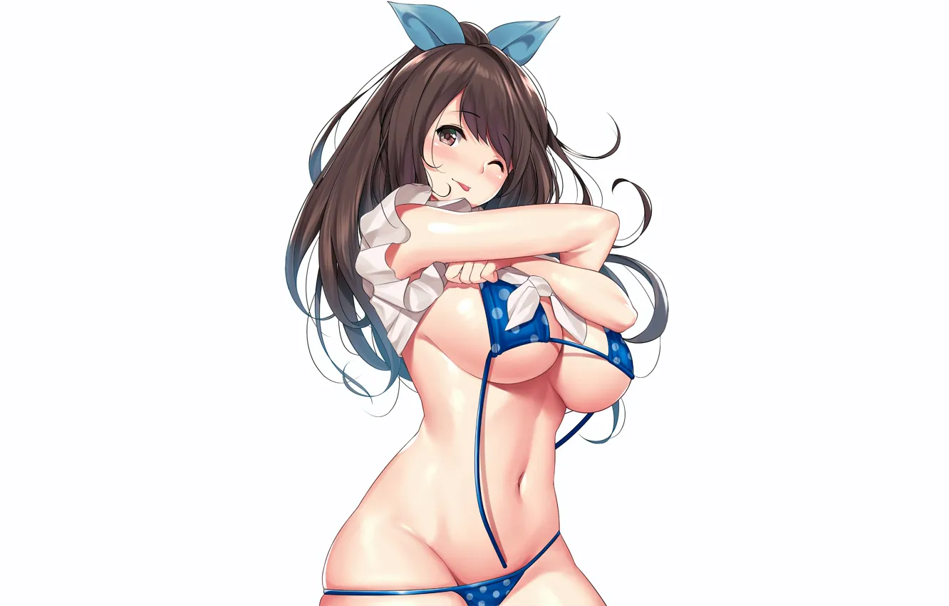 Photo wallpaper girl, sexy, cleavage, long hair, brown hair, brown eyes, boobs, anime