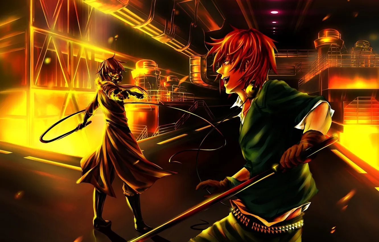 Photo wallpaper metal, lights, gun, weapons, plant, sword, katana, headphones