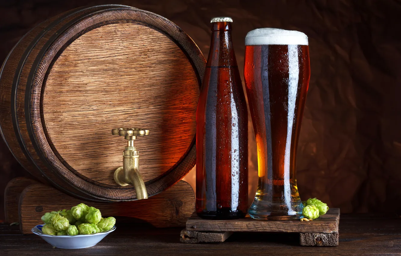 Photo wallpaper glass, beer, barrel, beer, hops, barrel