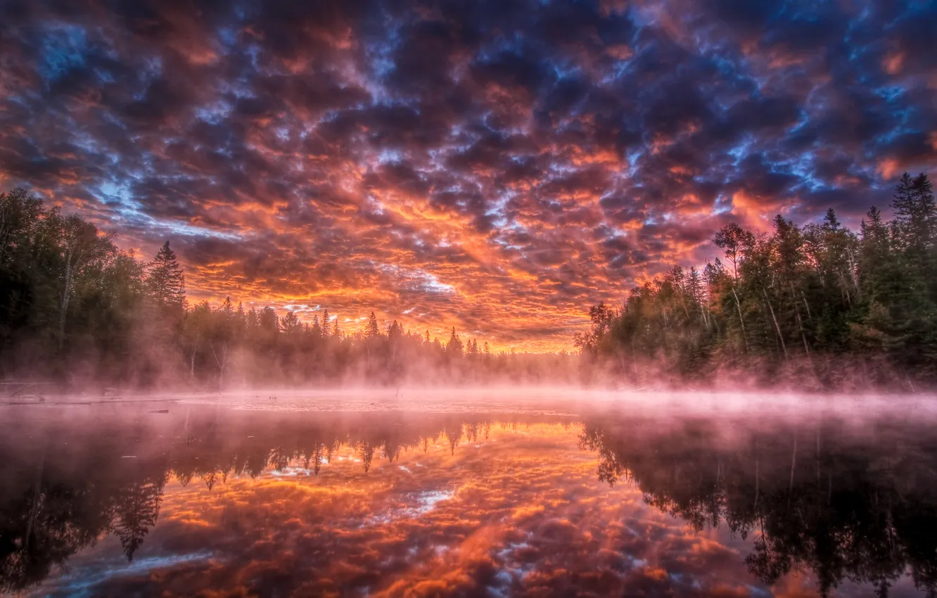 Photo wallpaper clouds, fog, lake, river, HDR