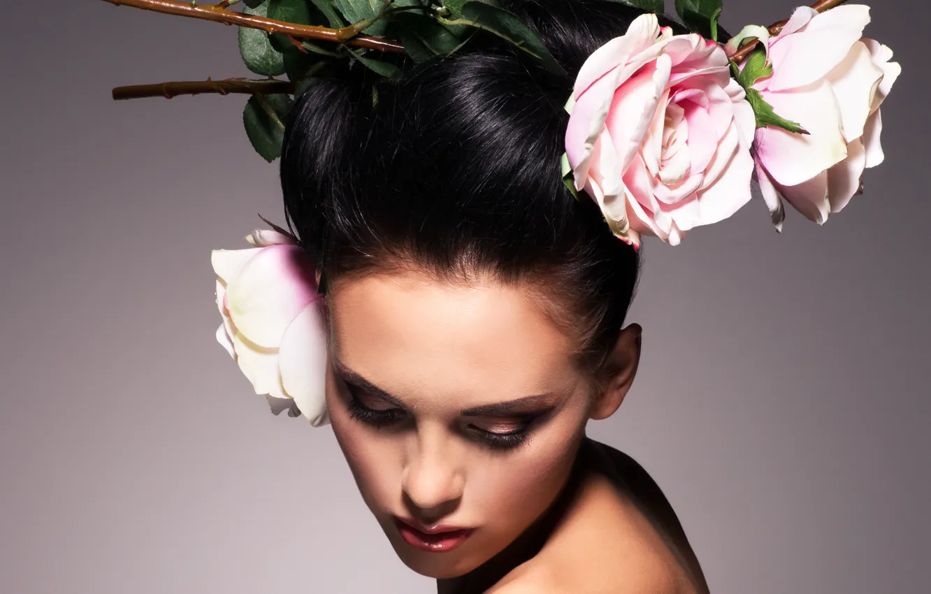 Photo wallpaper leaves, girl, background, roses, petals, hairstyle