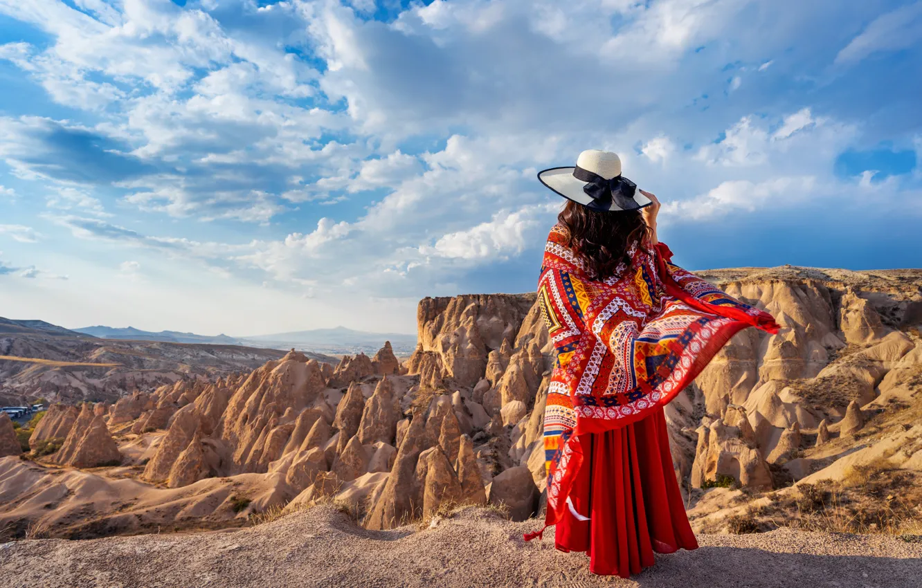 Photo wallpaper girl, mountains, nature, hat, canyons