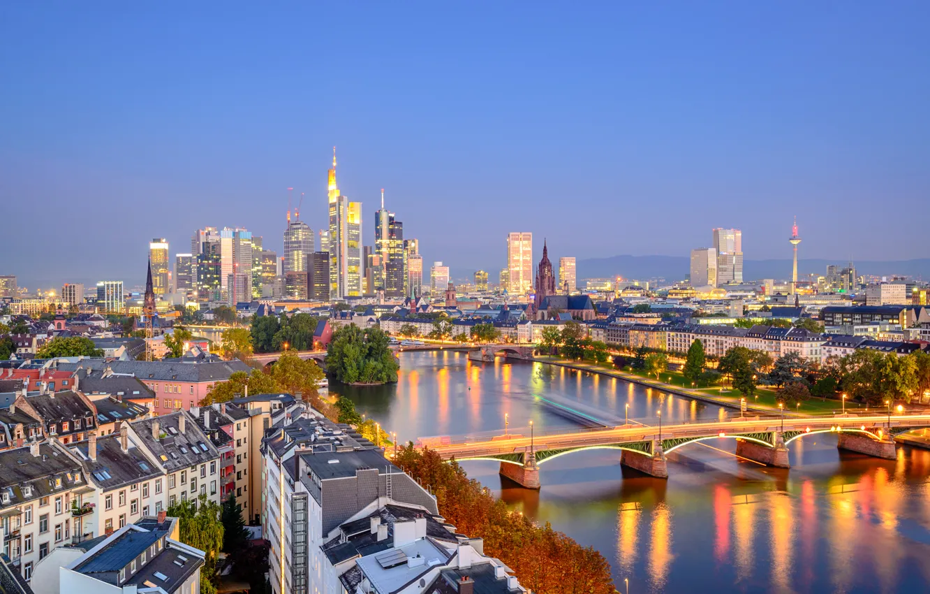 Photo wallpaper bridge, lights, river, home, the evening, Germany, lights, Frankfurt