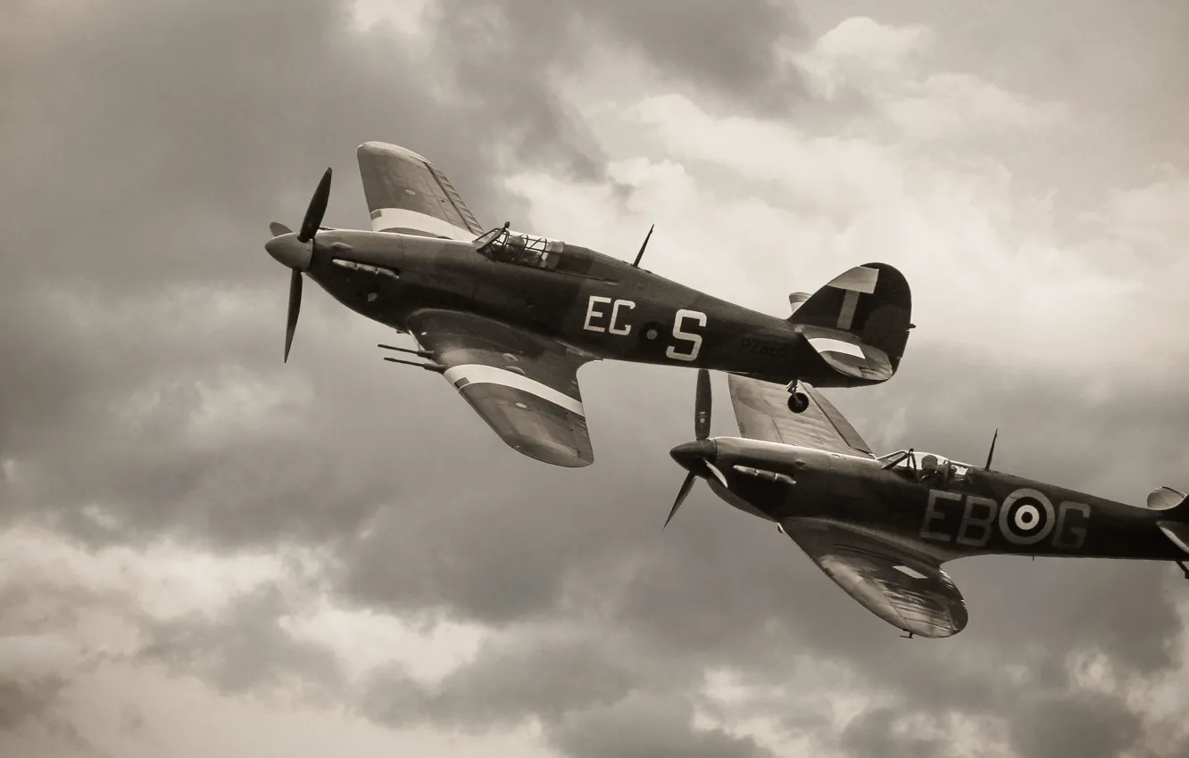 Photo wallpaper the sky, clouds, flight, the plane, Hawker Hurricane, Supermarine Spitfire