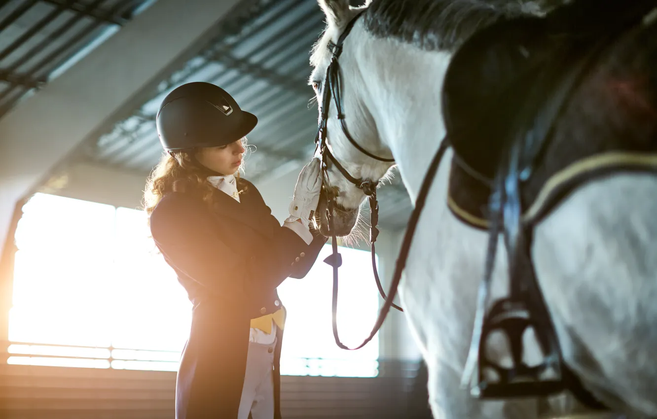 Photo wallpaper woman, horse, pearls, riding
