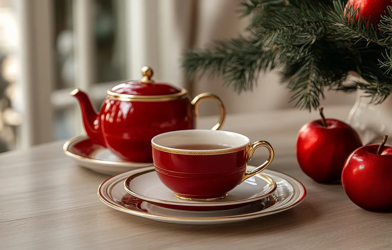 Photo wallpaper table, tea, apples, kettle, Cup, red, needles, saucers