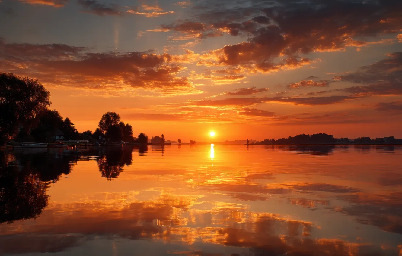 Photo wallpaper the sun, clouds, sunset, reflection, pond, AI art, neural network