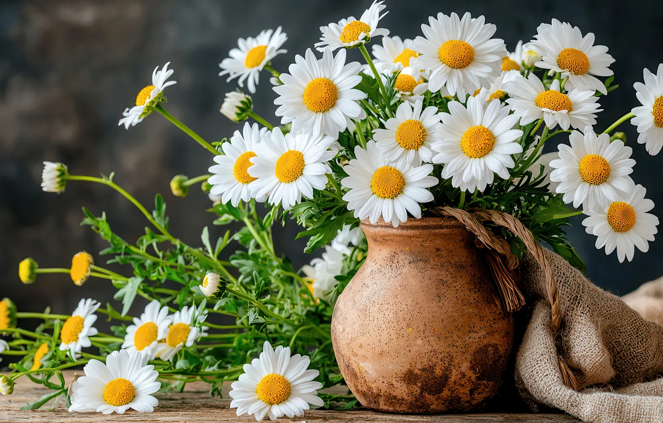 Photo wallpaper flowers, table, chamomile, bouquet, pot, pitcher, white, grey background