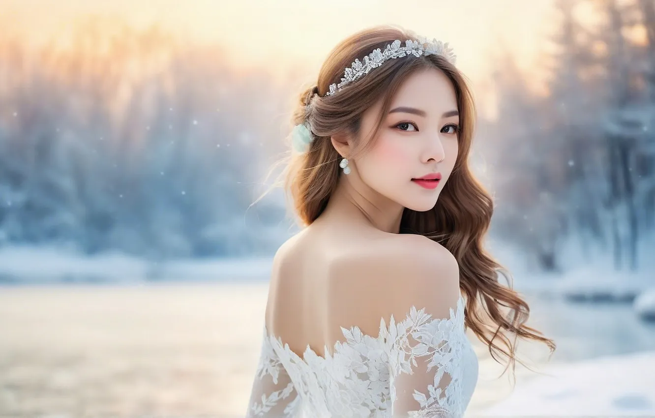 Photo wallpaper winter, forest, girl, snow, decoration, nature, fog, back