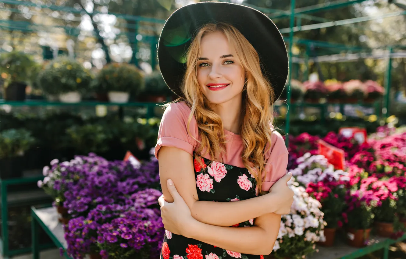 Photo wallpaper summer, girl, joy, flowers, pose, smile, portrait, bouquet