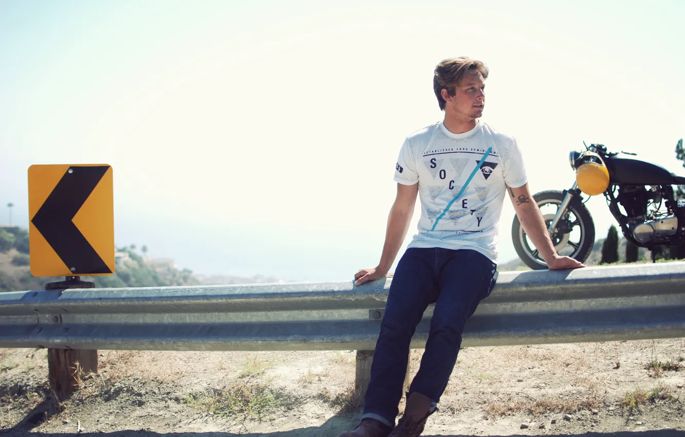 Photo wallpaper road, sign, motorcycle, man, cafe racer