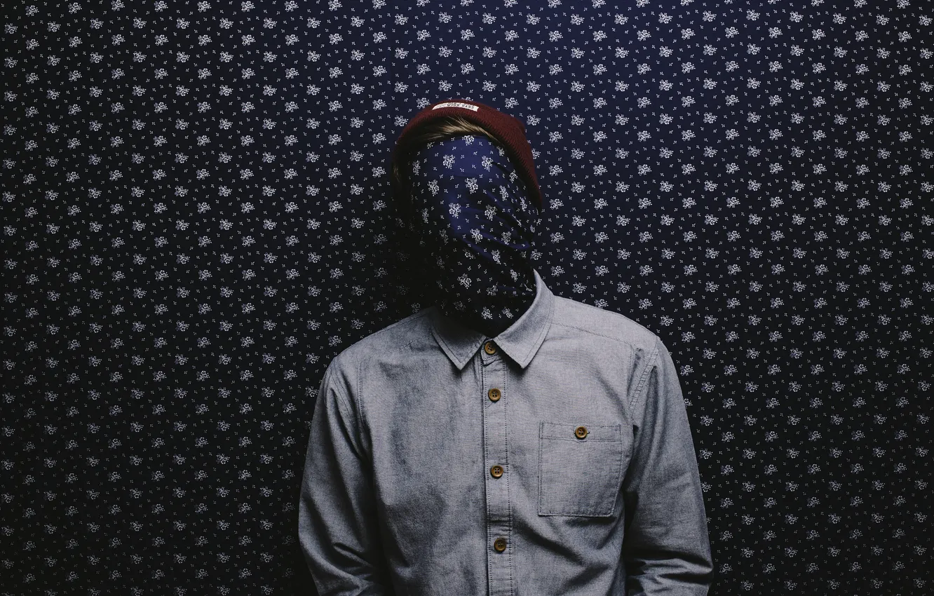 Photo wallpaper wallpaper, man, bonnet, covered face, social shirt