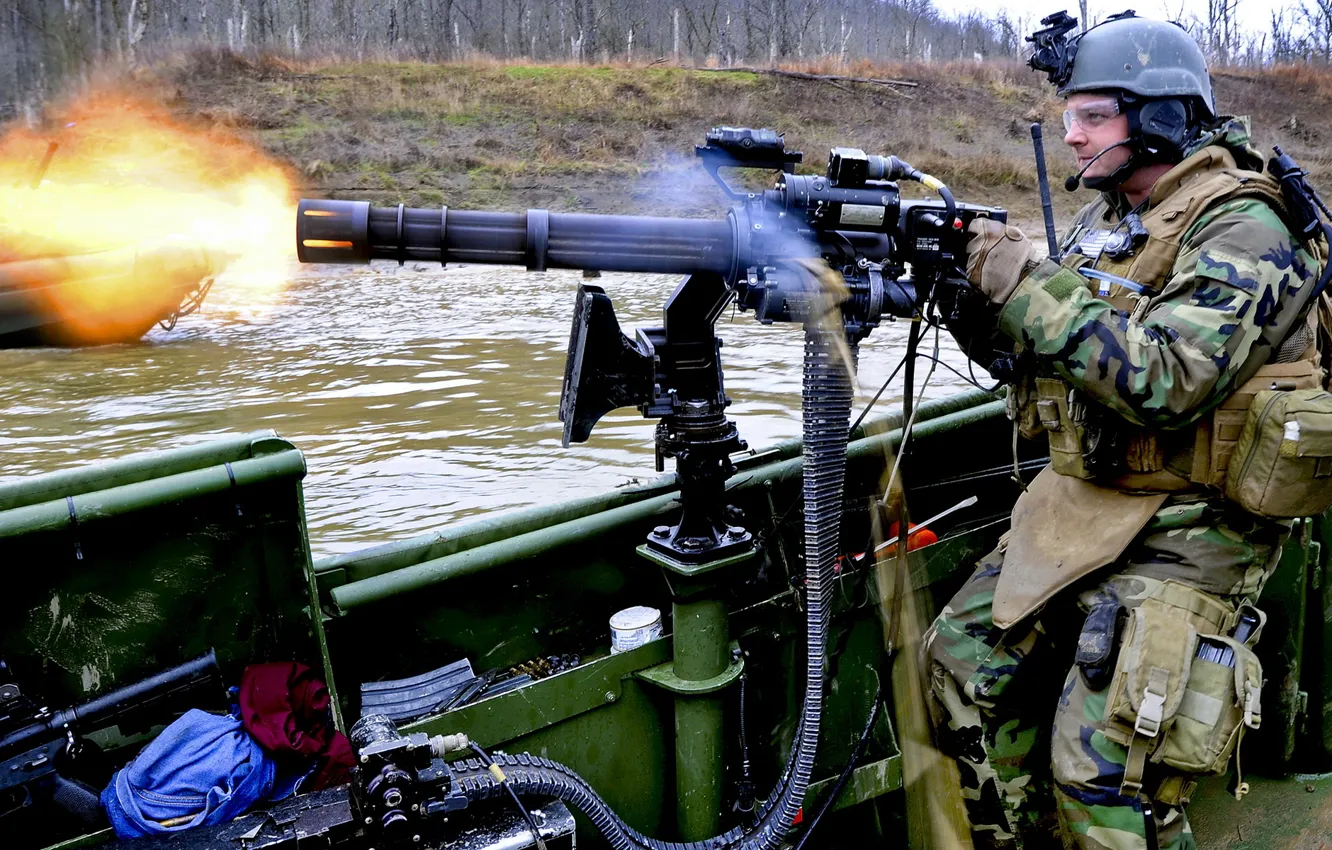 Photo wallpaper water, lights, arrows, boat, soldiers, tape, equipment, Minigun