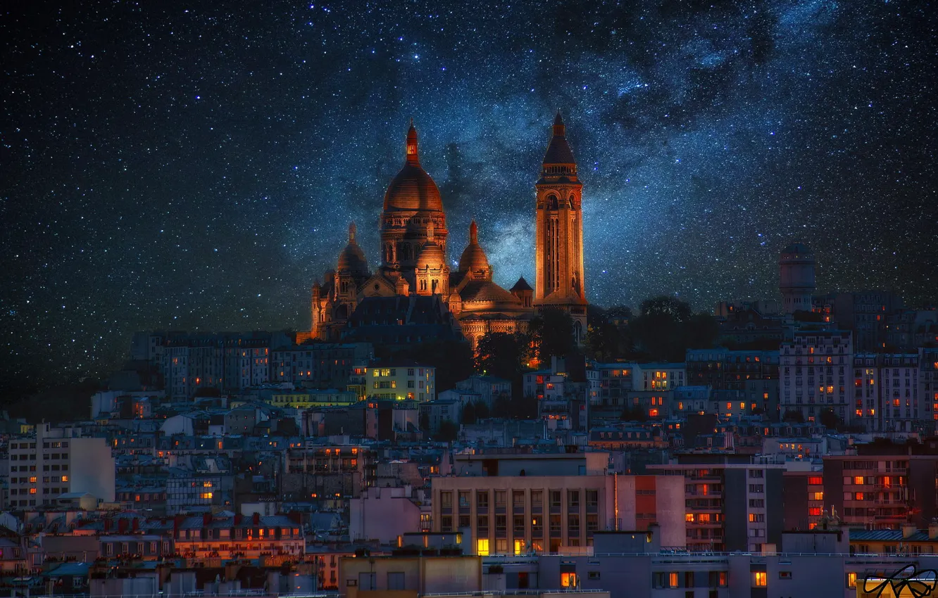 Photo wallpaper night, Paris, stars, Montmartre