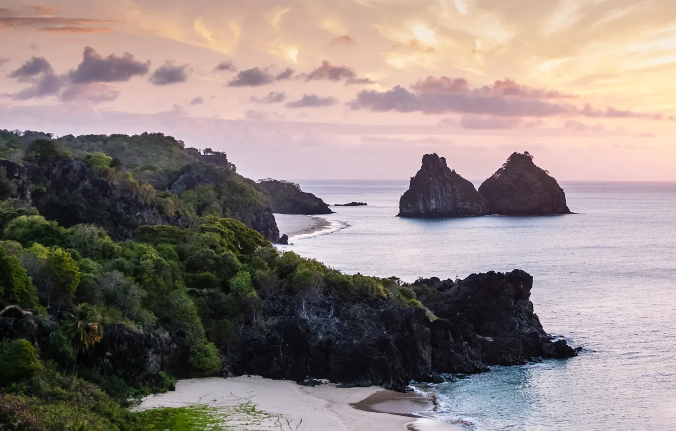 Photo wallpaper sea, beach, rocks, dawn, morning
