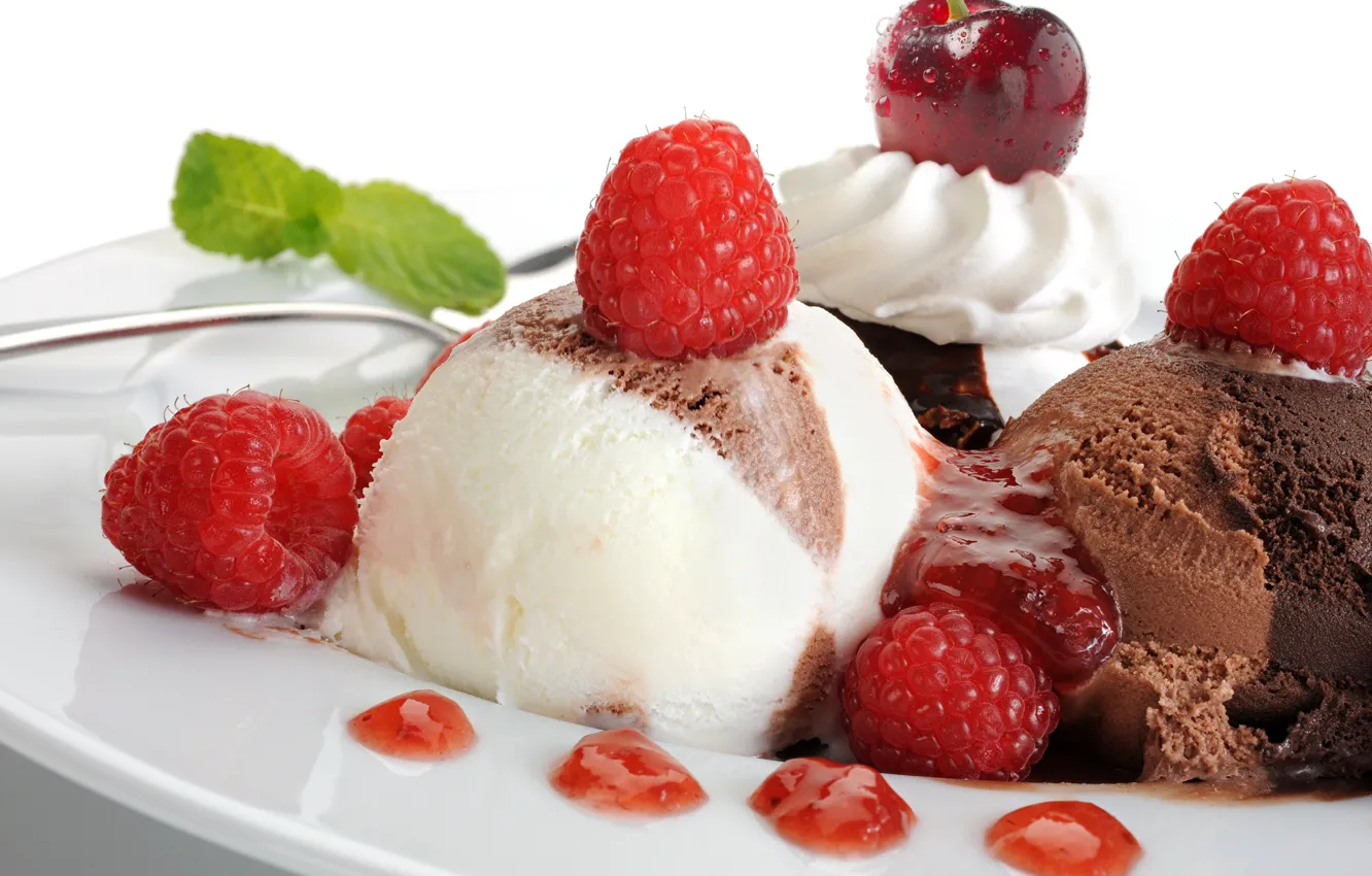 Photo wallpaper cherry, raspberry, ice cream, dessert, jam, sweet, chocolate, sundae