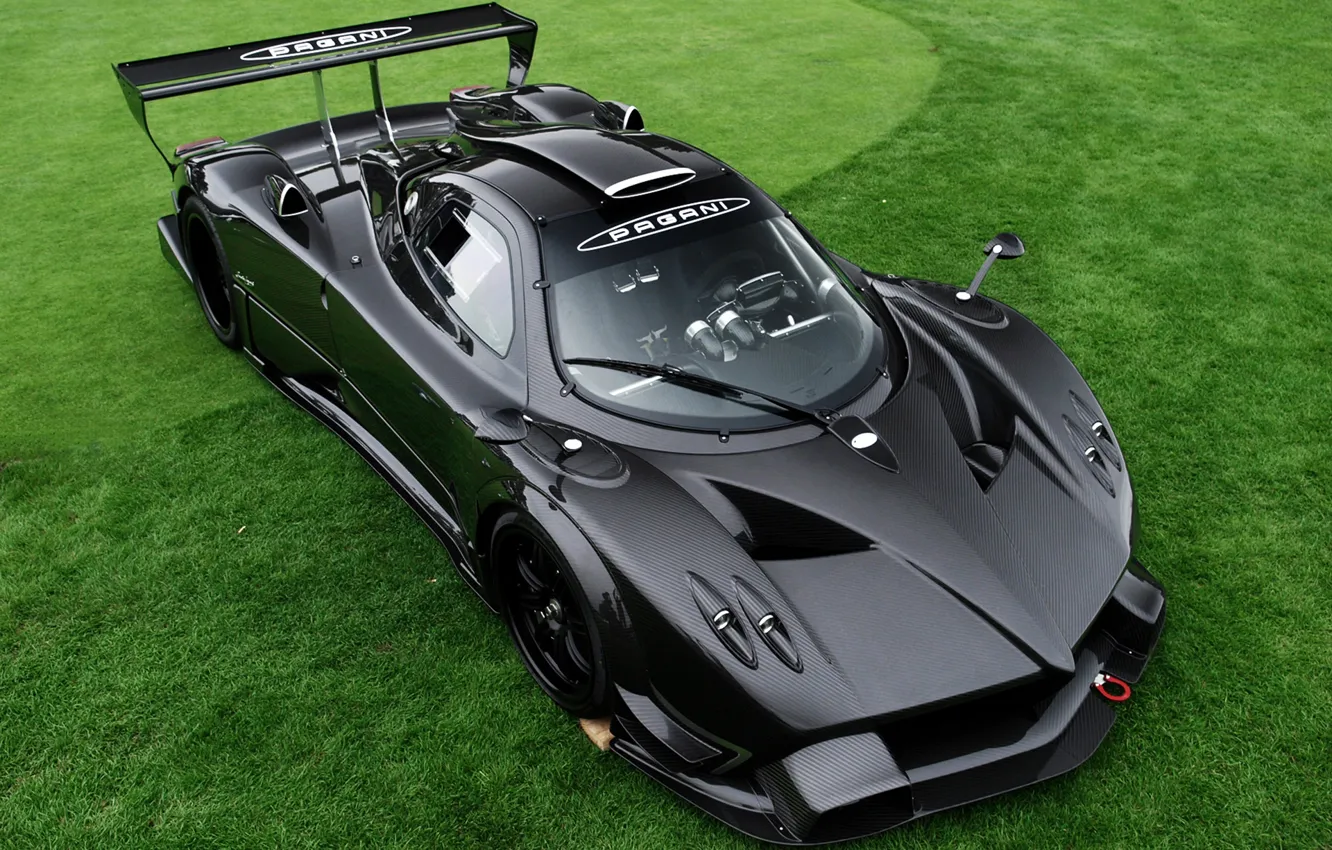 Photo wallpaper grass, black, supercar, grass, carbon, Pagani, black, zonda