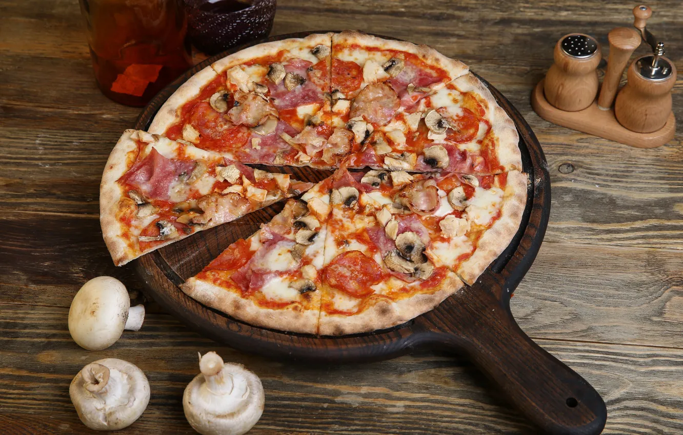 Photo wallpaper cheese, pizza, tomato, mushrooms, filling