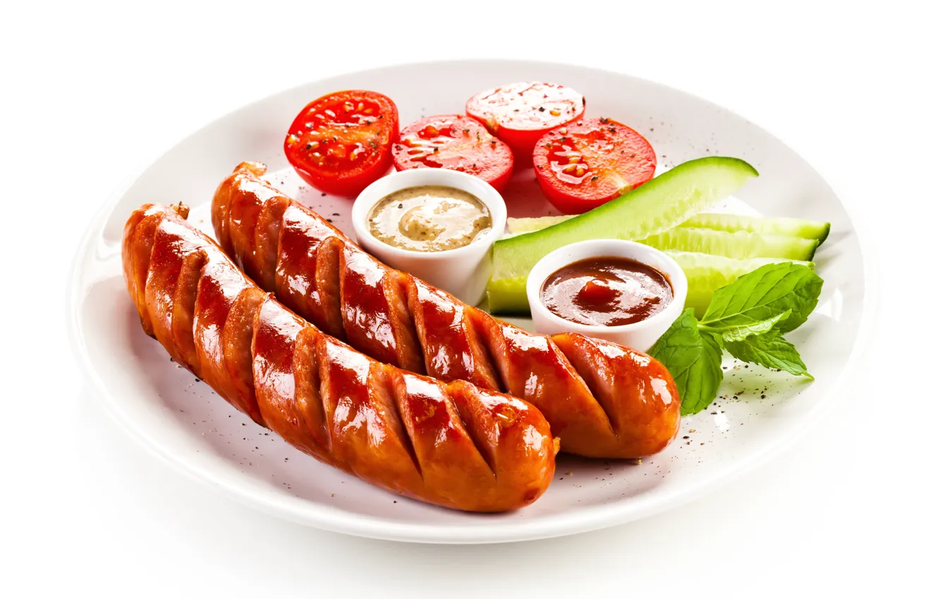 Photo wallpaper sausage, shadow, plate, vegetables, tomatoes, sauce, spices, tomatoes