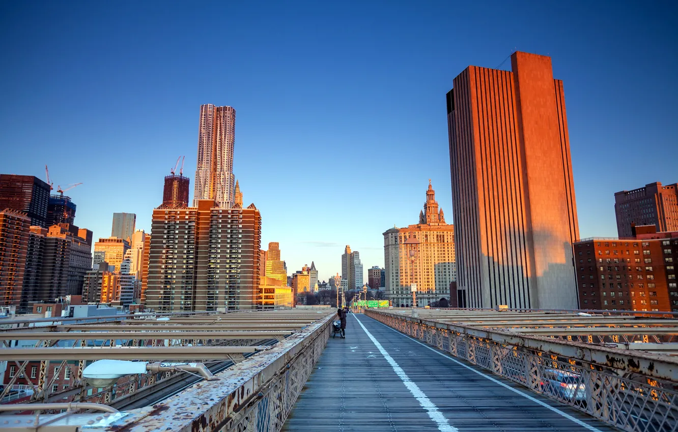 Photo wallpaper the sky, the sun, bridge, home, New York, morning, USA, megapolis