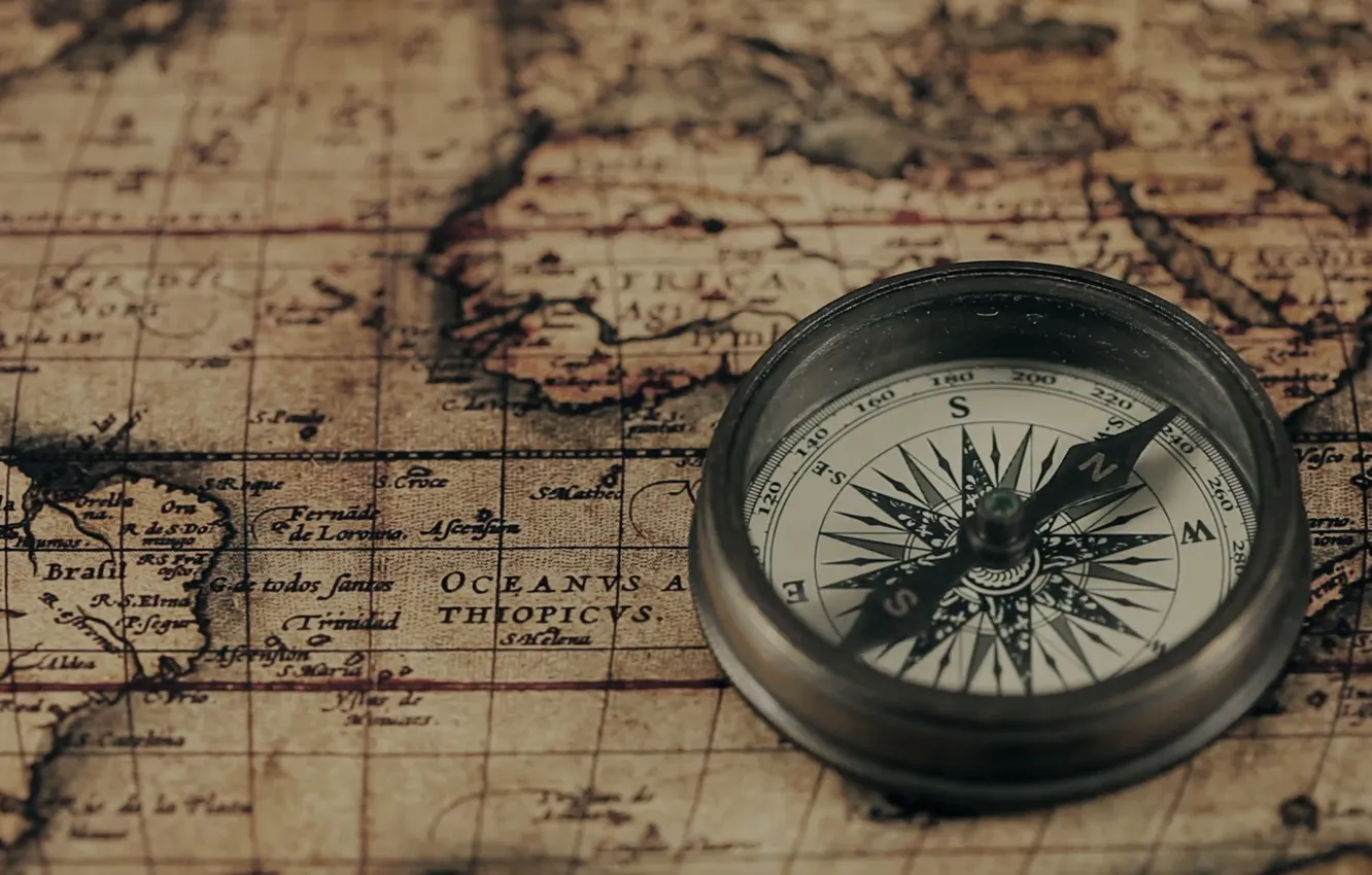 Photo wallpaper vintage, vintage, compass on ancient map, old compass, old compass, compass on the old map