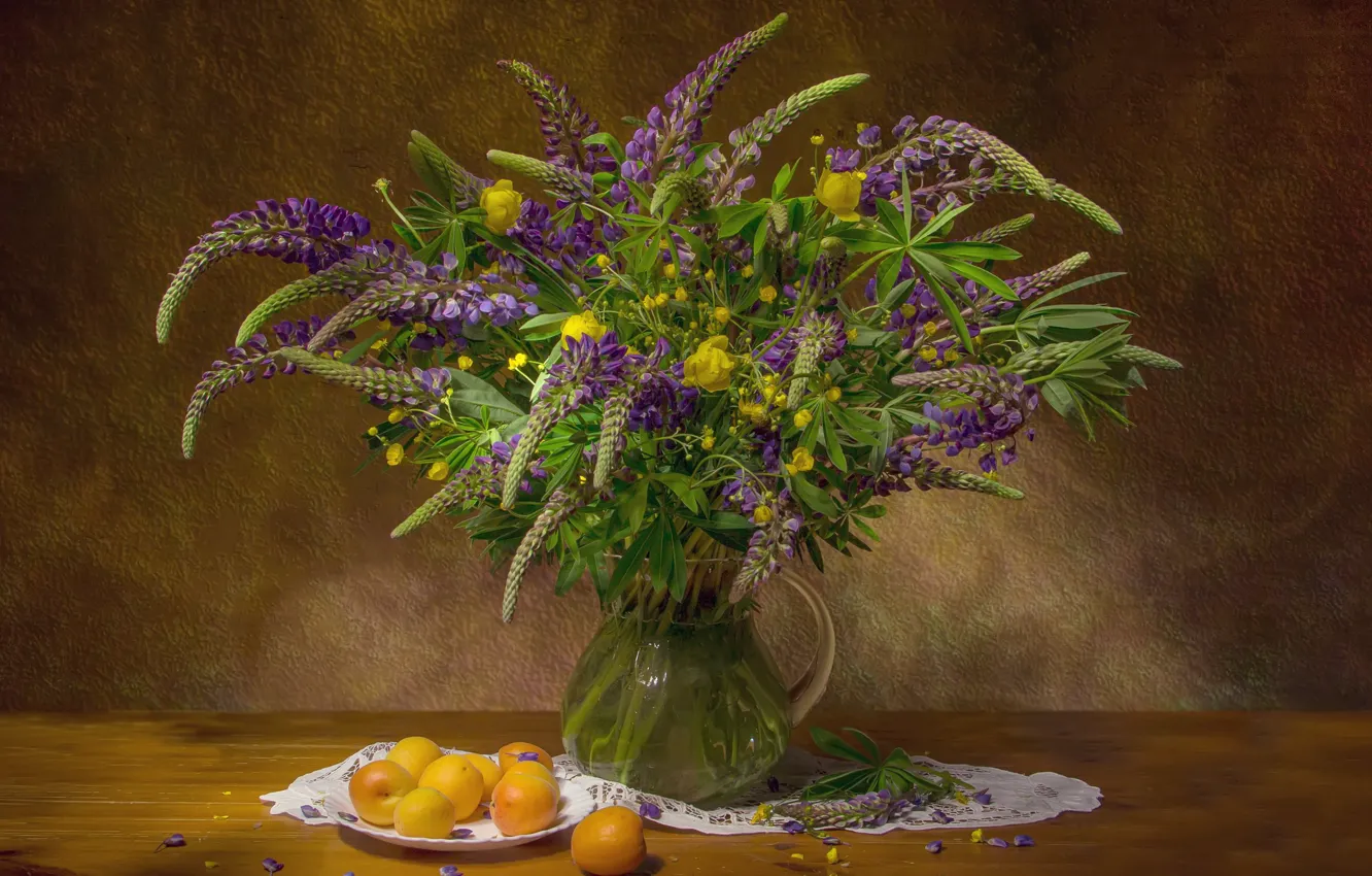 Photo wallpaper flowers, yellow, table, bouquet, plate, pitcher, still life, lilac