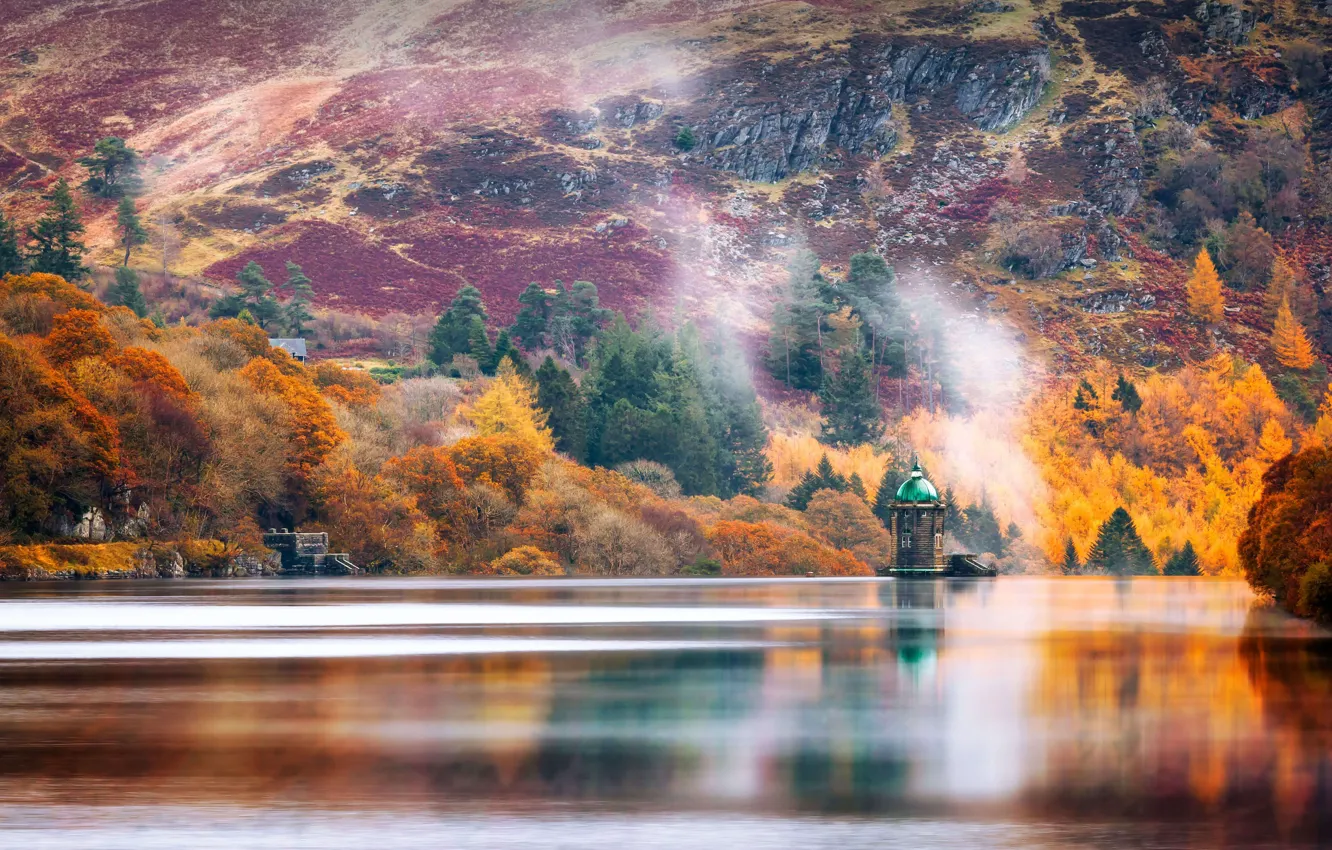 Photo wallpaper UK, British, autumn, lake, Elan Valley, Rhayader, Elan Valley, Rayader